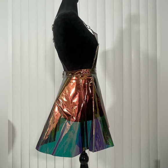 CLUB EXX Techno Gurl Hologram Vinyl Pinafore Overall Dress Metallic Blue Copper - Picture 5 of 12